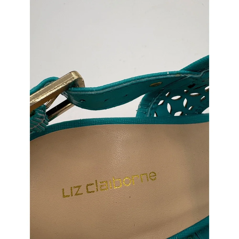 Liz Claiborne Teal Laser Cut Cork Wedge Sandals Womens 7.5M Blue 106-6263